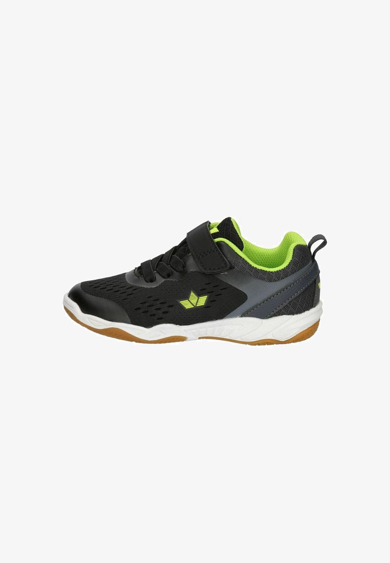 Black athletic shoe with mesh upper, lime green accents, Velcro strap, and rubber sole. Features perforated sections for breathability.