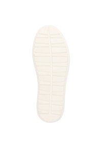 Weiße Gummisohle mit einem strukturierten Profilmuster, das horizontale und vertikale Linien für den Grip sowie ein rundes Zehen-Design aufweist.