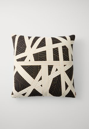 Decorative cushion with a black base, featuring a geometric pattern of cream-colored lines and textured accents throughout.