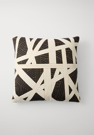 Decorative cushion with a black base, featuring a geometric pattern of cream-colored lines and textured accents throughout.