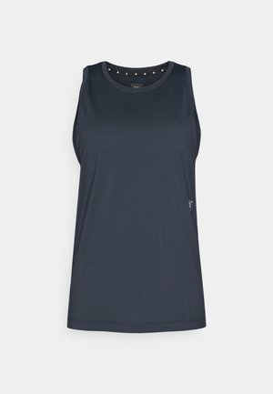 Top sem mangas azul-marinho em tecido suave, com um decote redondo e tachas decorativas, além de um discreto detalhe de logotipo na lateral.