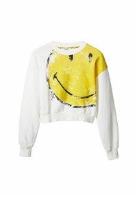 Bílá krátká mikina s velkým žlutým smajlíkem s černým obrysem a opotřebovanou texturou na přední straně.