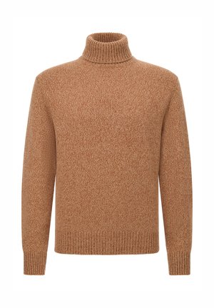 Sweter z golfem w ciepłym, cętkowanym odcieniu brązu. Ściągacze na mankietach i kołnierzu, z luźnym krojem. Miękki materiał, odpowiedni do noszenia warstwowego.