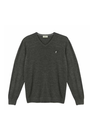 Pull gris foncé à manches longues avec col en V et petit logo blanc brodé sur le côté gauche de la poitrine.