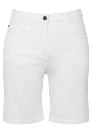 Hvide denimshorts med lige snit, featuring en frontknaplukning og to sidelommer. Ingen synlige mønstre eller detaljer.