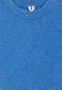 Blauer Wollpullover mit Rundhalsausschnitt und einer weichen, flauschigen Textur. Etikett zeigt Größe M an. Einheitliche Farbe ohne Muster oder Akzente.