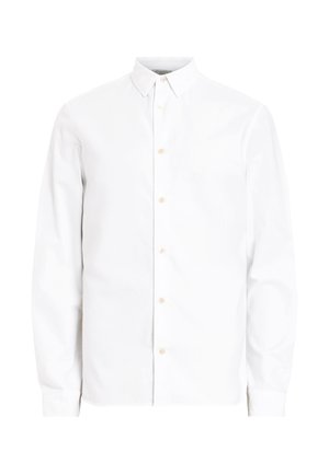 Hvid langærmet skjorte med knaplukning og krave, som har lysebrune knapper og en glat bomuldsstruktur. Enkel, klassisk design.