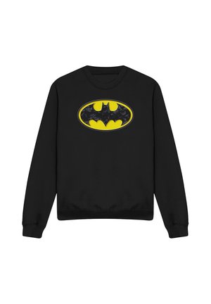 Black long-sleeve sweatshirt with a large yellow and black Batman logo on the chest featuring a bat pattern inside the emblem.