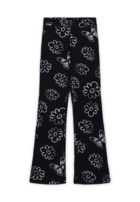 Pantaloni neri a palazzo con un motivo di fiori bianchi e farfalle. Realizzati in un tessuto morbido, presentano una vita elasticizzata per il massimo comfort.