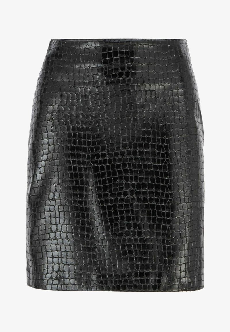 Jupe noire en similicuir avec un motif brillant façon peau de crocodile et une coupe droite au-dessus du genou.
