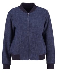 Marineblauer Bomberjacke aus strukturiertem Stoff, mit Reißverschluss, gerippten Bündchen und Kragen. Bietet einen lässigen Schnitt und ein glattes Futter für zusätzlichen Komfort.