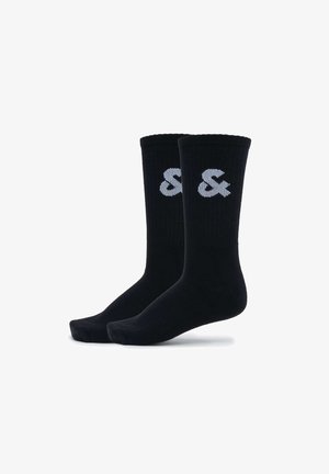 Calze in cotone nere con texture a coste, caratterizzate da un motivo logo grigio chiaro a contrasto. Lunghessa classica a crew con punta e tallone rinforzati.