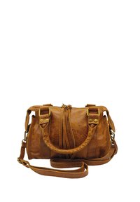 Sac à main en cuir marron au design structuré, avec des accents tressés, des détails en ton doré et des poignées doubles avec une bandoulière ajustable.
