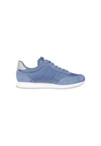 Zapatillas deportivas azules que presentan una combinación de materiales de ante y textil, suela de goma blanca, diseño con cordones y acentos grises.