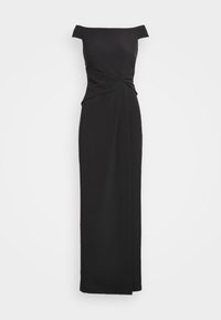Šaty bez ramínek, až na zem dlouhé, černé barvy s detailním zkroucením v pase. Hladká textura a elegantní, přiléhavý střih.