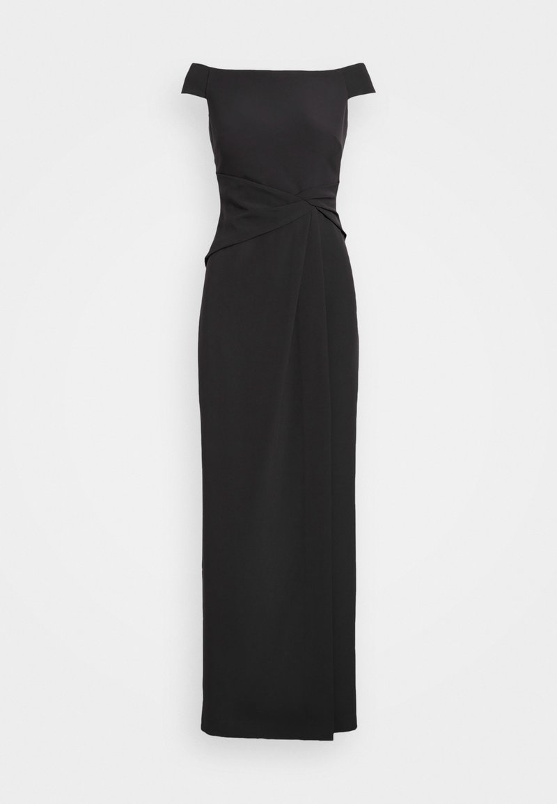 Šaty bez ramínek, až na zem dlouhé, černé barvy s detailním zkroucením v pase. Hladká textura a elegantní, přiléhavý střih.