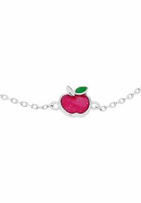 Pulsera de cadena de plata con un charm de manzana rosa con una hoja verde y textura brillante. La manzana está contornada en metal pulido.