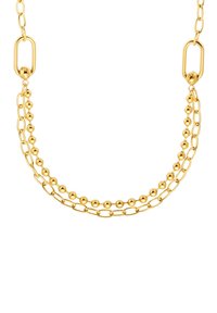 Collana in tono dorato con tre fili sovrapposti: perle sferiche lisce alternate a catene collegate di diverse dimensioni.