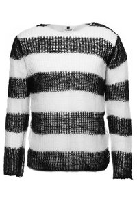 Pullover lavorato a maglia con ampie righe orizzontali bianche e nere. Tessuto morbido e testurizzato con polsini e orlo a costine. Collo rotondo.