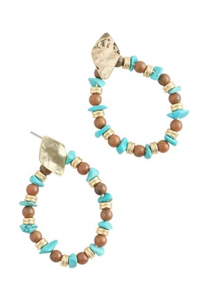 Hoop earrings with gold diamond-shaped studs, featuring alternating brown round beads, gold rings, and turquoise stone chips.