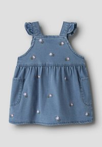 Jeans obleka z nabrano ramensko trakovi, vezenimi cvetličnimi vzorci v vijolični in zeleni barvi, razširjena krila in žepa na obeh straneh.