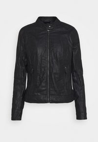 Veste en cuir synthétique noire avec fermeture éclair sur le devant, col montant, deux poches zippées sur les côtés et détails cousus sur les manches et l'ourlet.