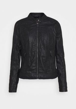 Black faux leather jacket with a zip front, stand collar, two side zip pockets, and stitched detailing on sleeves and hem.