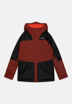 Men's insulated jacket with a red-brown body, black sleeves, and hood; features a front zipper, side pockets, and a logo on the chest.