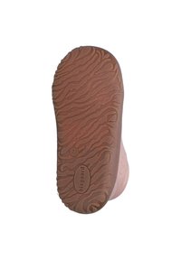 Pink rubber shoe sole with textured wavy pattern, featuring a round logo and size marking. Flat, low-profile design for stability.