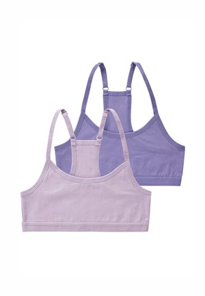 Two soft cotton sports bras in light purple and lavender, featuring thin adjustable straps and a racerback design on a white background.