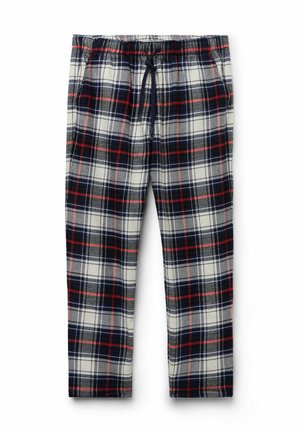 Pajamy w kratę w kolorze kremowym, granatowym, czerwonym i czarnym. Mają elastyczny pas ze sznurkiem oraz boczne kieszenie. Wykonane z bawełny.