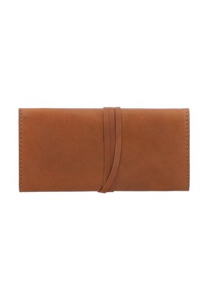 Braune Leder-Geldbörse, rechteckige Form, glatte Oberfläche, gesichert mit einem dünnen Lederband, mit sauberem Stich entlang der Kanten.