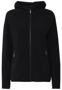 Sweat à capuche en polaire noire avec fermeture éclair à l'avant, poches latérales avec zippers et capuche à cordon de serrage. Texture lisse et design décontracté.