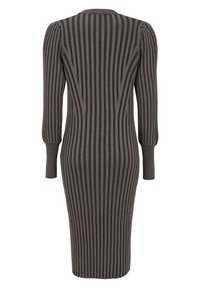 Robe en maille côtelée à manches longues et longueur genou de couleur gris foncé avec des rayures verticales et des épaules légèrement bouffantes, vue de dos.