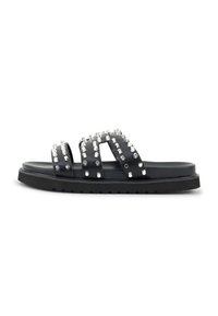 Black slide sandal with three wide straps adorned with silver studs. Thick, textured sole with slight tread design for grip.