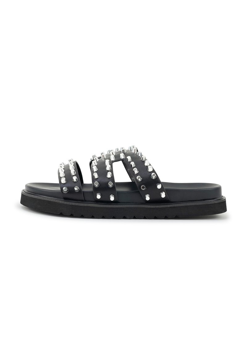 Black slide sandal with three wide straps adorned with silver studs. Thick, textured sole with slight tread design for grip.
