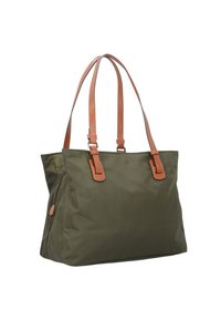 Borsa a spalla in tessuto verde con manici e dettagli in pelle marrone, dotata di una tasca con zip sul lato e di un ampio scomparto principale.