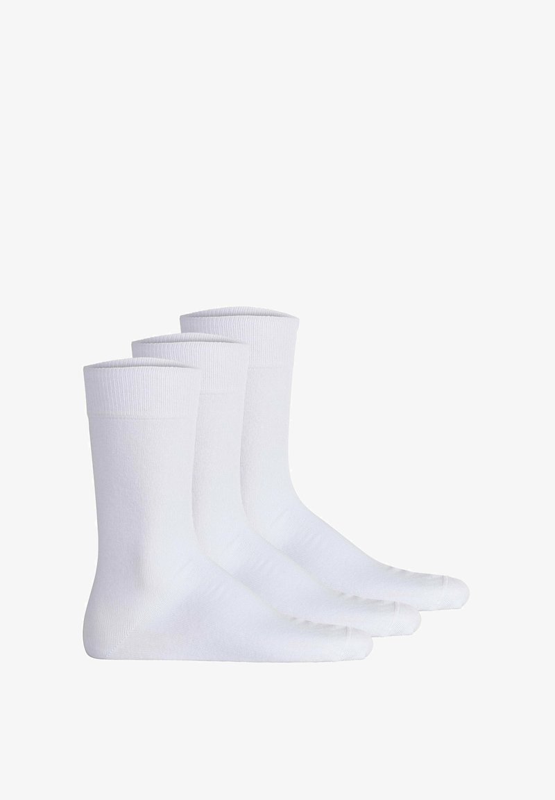 Drei Paare weißer Baumwollsocken mit gerippten Bündchen, glatter Textur und im Crew-Längen-Design. Keine Muster oder zusätzlichen Akzente.