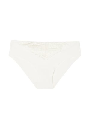 Hvid bikinistil dameundertøj med en blonde trekantsdetalje på den forreste linning.