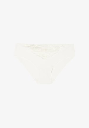Hvid bikinistil dameundertøj med en blonde trekantsdetalje på den forreste linning.
