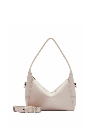 Hobo-Handtasche aus weichem rosa Leder mit schlaffem Design, gebogenem Griff und silbernem Zubehör. Beinhaltet einen verstellbaren Schulterriemen.