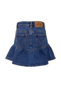 Gonna in denim con orlo arricciato, dotata di due tasche posteriori e di un'etichetta marrone del marchio Molo in vita. Lavaggio blu con cuciture a contrasto.