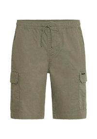 Bermudas de cargo verde oliva con dos bolsillos laterales, cinturilla elástica y cierre de cordón. Tejido suave con un corte relajado.