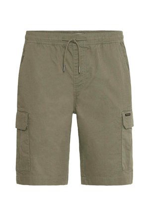 Shorts cargo vert olive avec deux poches latérales, une taille élastique et une fermeture à cordon. Tissu lisse avec une coupe décontractée.