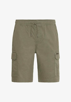 Oliwkowe szorty cargo z dwiema bocznymi kieszeniami, elastycznym pasem i sznurkiem do regulacji. Gładki materiał o luźnym kroju.