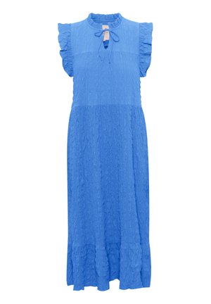 Blå, knælang kjole med en struktureret stof, flæseærmer, en nøglehuludskæring og en svævende skørt.