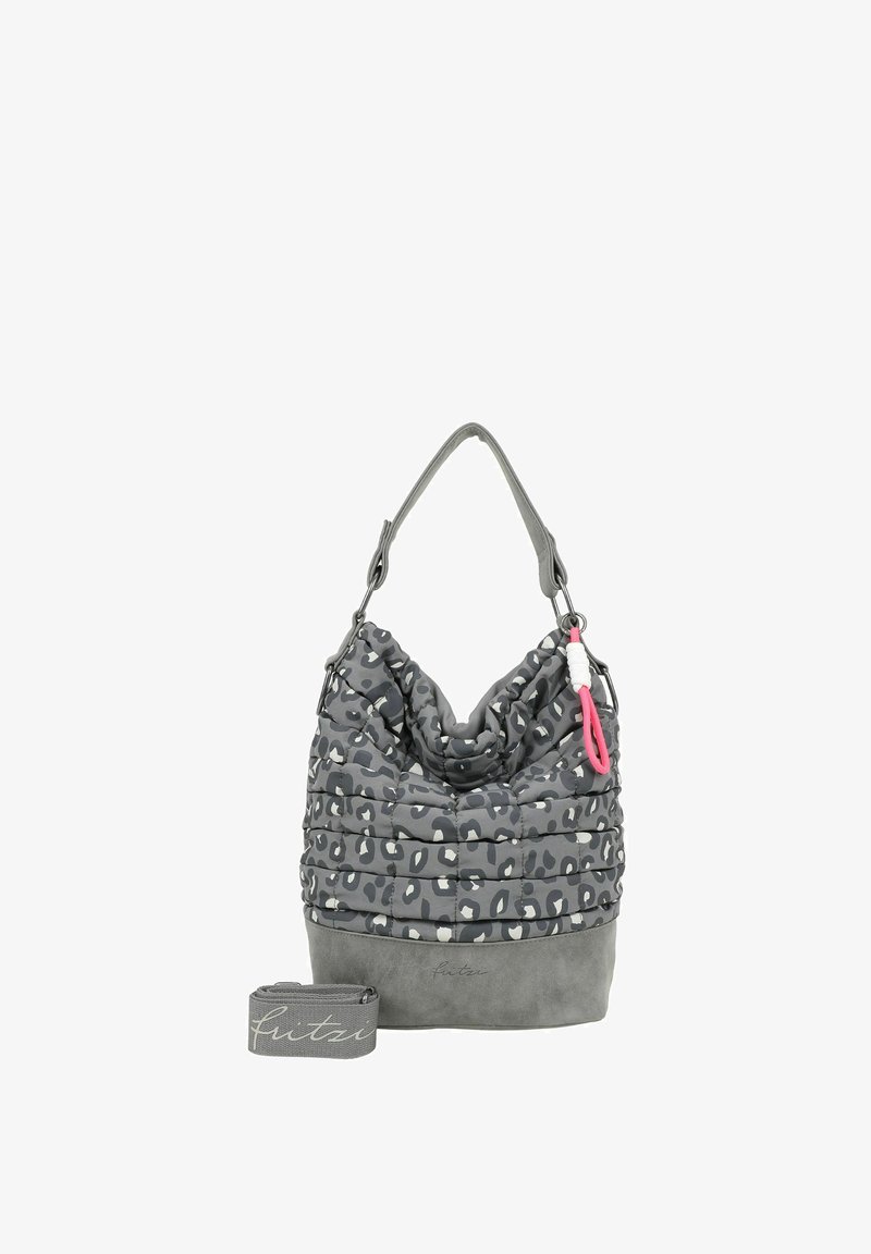 Borsa a spalla grigia trapuntata con un design a stampa leopardata, caratterizzata da una parte superiore testurizzata, una base grigia uniforme e una tracolla removibile.