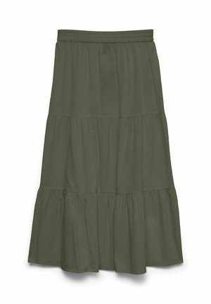 Olívazöld réteges midi szoknya rugalmas derékrésszel és puha, áramló anyagrészekkel, amelyek laza sziluettet alkotnak.