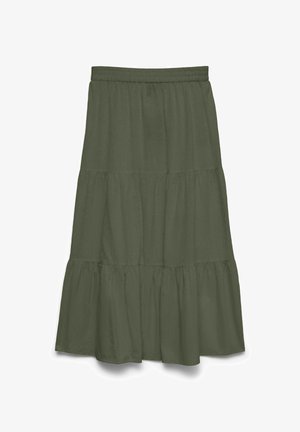 Olívazöld réteges midi szoknya rugalmas derékrésszel és puha, áramló anyagrészekkel, amelyek laza sziluettet alkotnak.