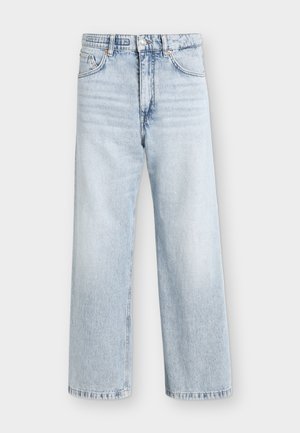 Svetlomodre kavbojke z visokim pasom in širokimi hlačnicami, spredaj z gumbom in zadrgo, z dvema sprednjima žepoma in zanke za pas.